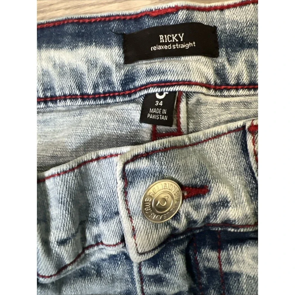 True Religion Mens Ricky Relaxed Straight Light Blue Wash Jeans Size 34 x 33